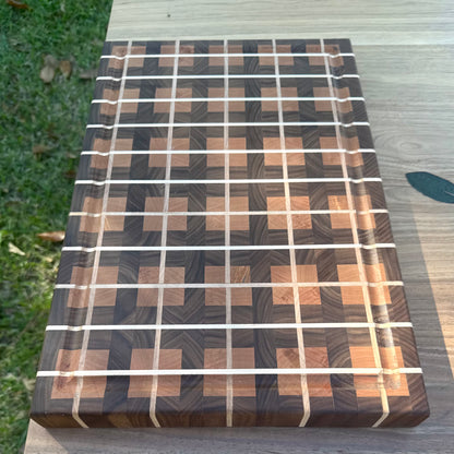 Plaid Style 3-Wood End Grain Cutting Board