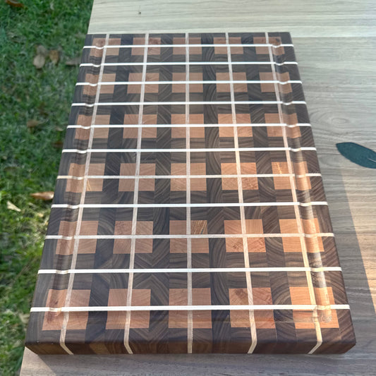Plaid Style 3-Wood End Grain Cutting Board